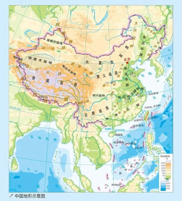 中国地形示意图