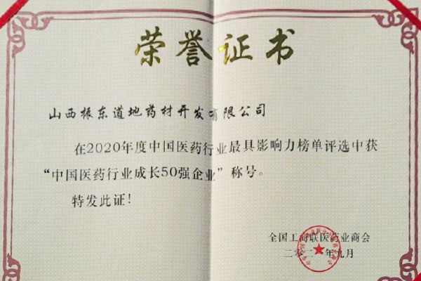 振东道地药材荣获中国医药行业成长50强