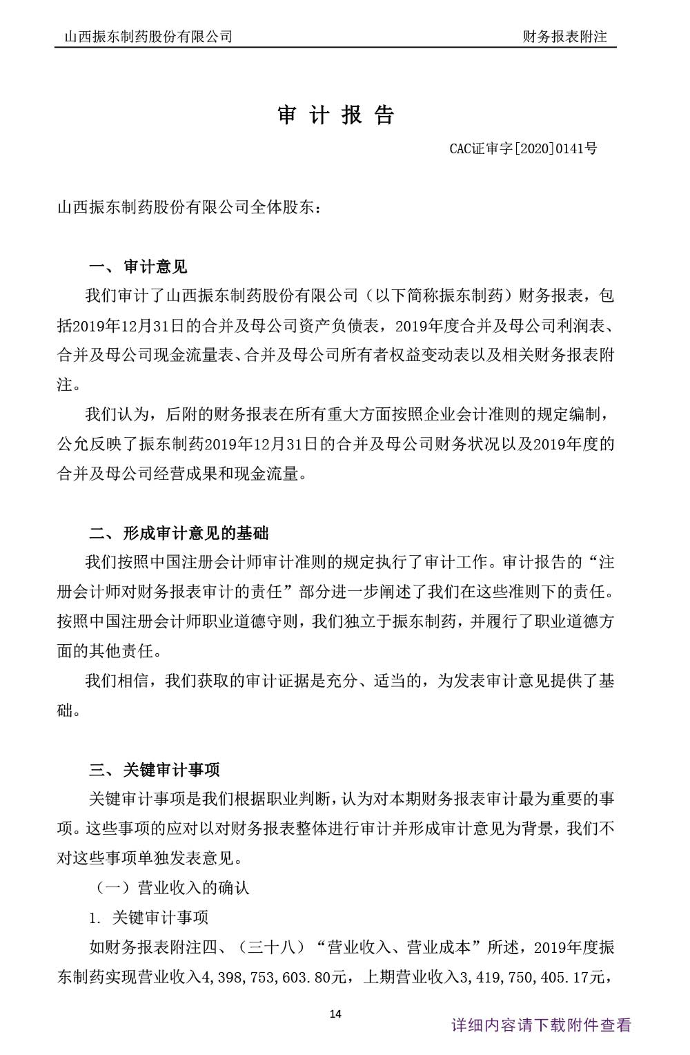 振东制药,振东,300158,年度审计报告,审计报告