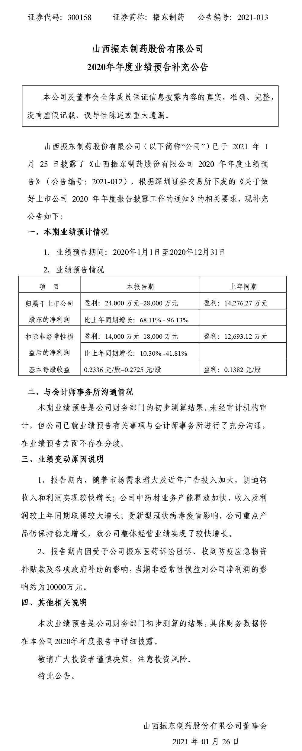 振东制药,振东,300158,年度业绩预告,补充公告