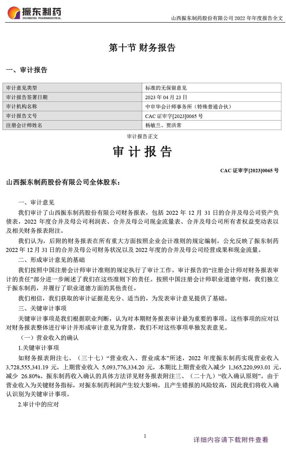 振东制药,振东,300158,年度财务报告