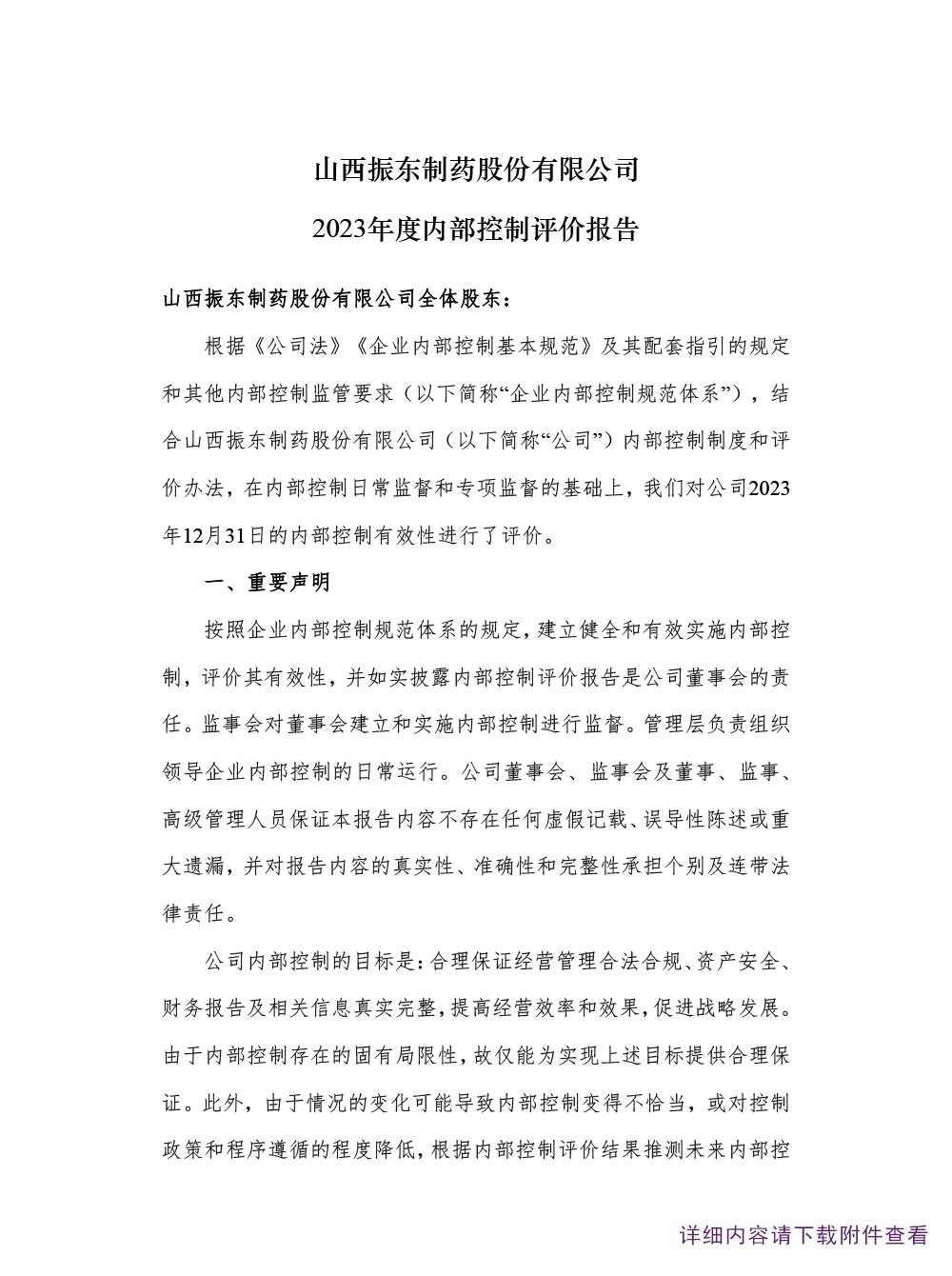 振东制药,振东,300158,年度内部控制自我评价