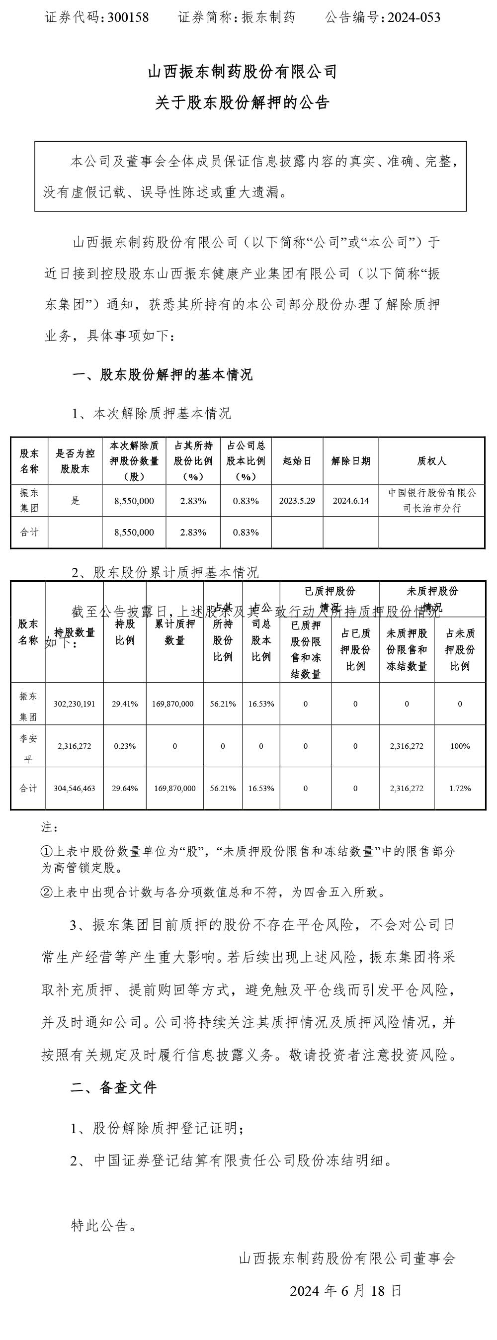 股东股份解押,振东制药,振东,300158