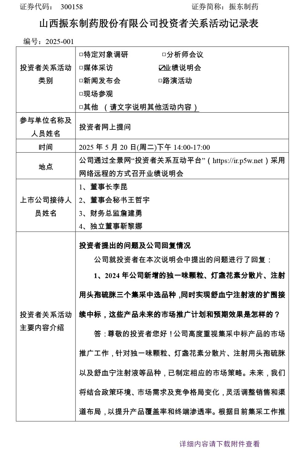 振东制药,振东,300158,投资者关系